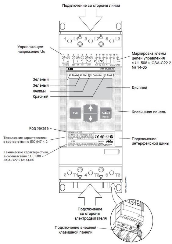 Маркировки и подключения упп ABB PSE210-600-70 110 кВт